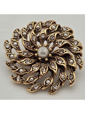 Vintage Gold-Tone Swirl Brooch Faux Pearls & Rhinestones 1950s/60s •